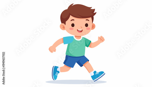 Cute cartoon boy running happily in a vibrant green t-shirt and blue shorts, conveying joy and energetic movement