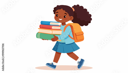 Cute illustration of a young Black girl with a backpack carrying a stack of books, ready for school