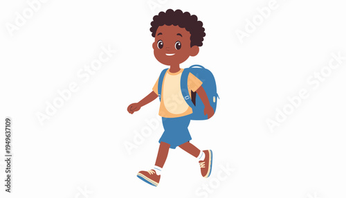Cheerful young boy with a backpack walking to school, enjoying his day