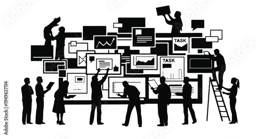 Business people working together on large infographic board with charts and graphs in office setting for teamwork and collaboration concept