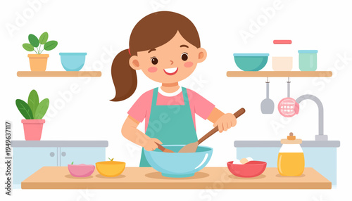 Young girl happily mixing ingredients in a bowl for baking or cooking, cartoon illustration style