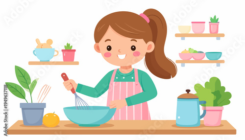 Happy young girl happily making food in the kitchen with whisk and bowl while wearing apron and surrounded by plants and utensils