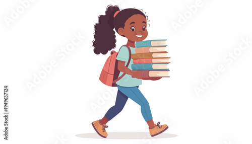 Happy and diligent young schoolgirl carrying a large stack of books, symbolizing a passion for education and the pursuit of knowledge. A cheerful student concept with a backpack preparing for learning