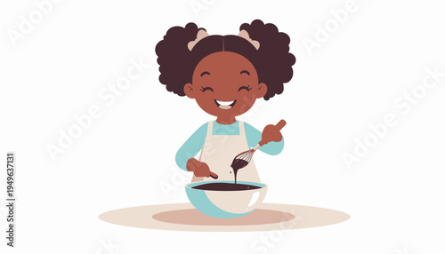 A cheerful young Black girl enthusiastically stirring a bowl of dark batter or frosting with a spoon, wearing a light blue apron