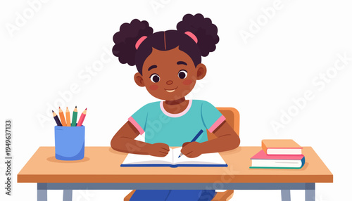 Young girl diligently studying and writing in a notebook at a desk with colorful art supplies and books