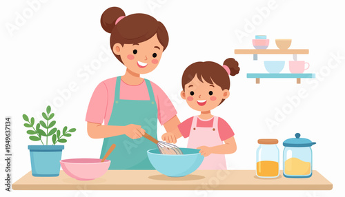 Mother and daughter in kitchen making food together, learning and bonding over cooking activity