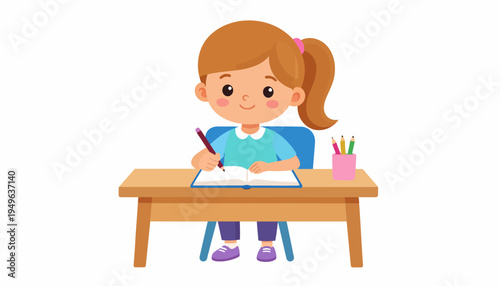 Happy cute cartoon schoolgirl sitting at a wooden desk, diligently writing in a notebook with a pen, surrounded by colorful pencils, symbolizing learning and education