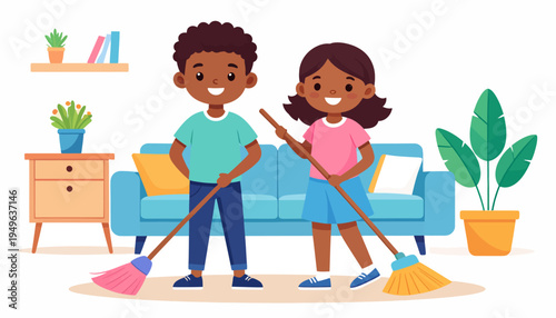 Two young children cheerfully sweeping the floor of a living room, embodying teamwork and domestic responsibility