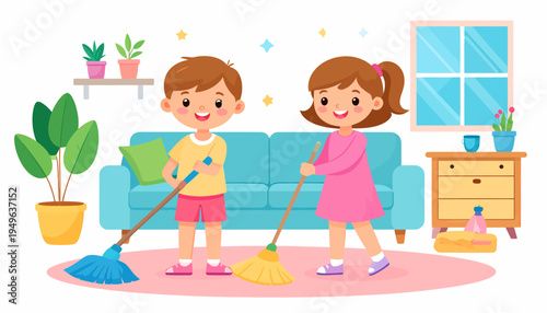 Two happy children cleaning a room with brooms, illustrating tidiness and helpfulness in household chores