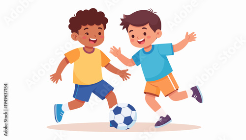 Two diverse young boys joyfully playing soccer, kicking a ball with excitement and friendship on a bright day