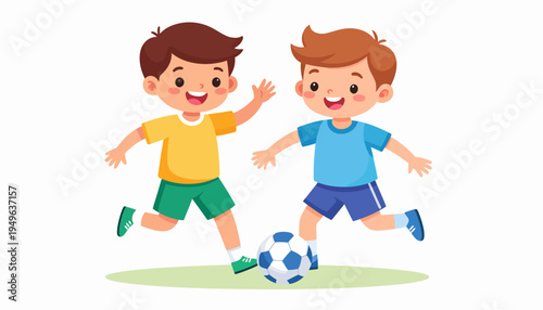 Two happy young boys playing soccer together on a grassy field with a soccer ball between them, enjoying a fun outdoor sports activity