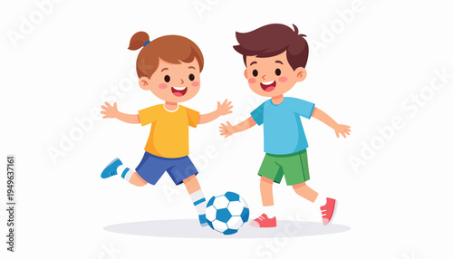 Two happy children playing soccer on a grassy field with a ball at their feet, enjoying outdoor sports and physical activity