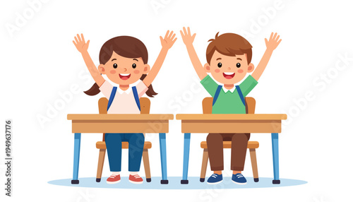 Happy children raising hands in classroom, excited students at desks, enthusiastic learning, school education, and childhood joy