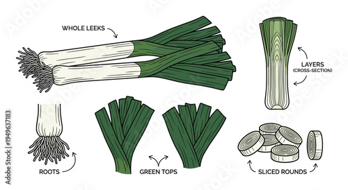 Leek parts hand drawn vector illustration showing whole leeks, roots, green tops, cross-section layers and sliced rounds