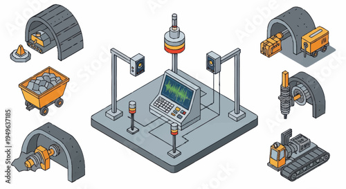 Isometric Industrial Automation Control System and Equipment.