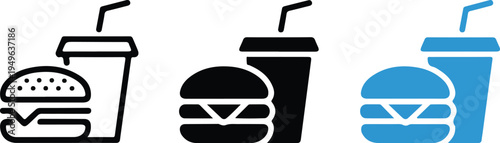 Three stylized of fast food drink cups with straws and burger black white