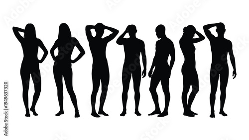 A group of people standing in a row with their hands on their heads