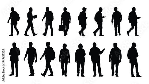 A group of people walking in different poses