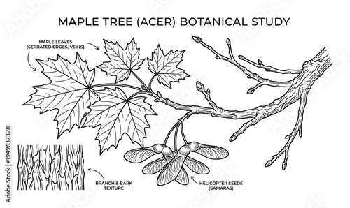 Maple tree botanical study with detailed drawing of leaves, branch, bark texture, and helicopter seeds