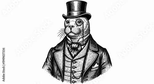 Vintage Seal Gentleman Wearing Top Hat and Monocle.