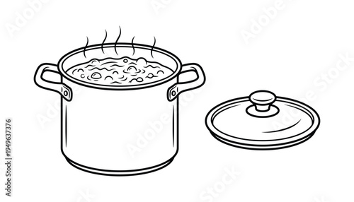 Boiling pot with lid illustration, cooking food in pot with steam, kitchenware, outline drawing, food preparation design
