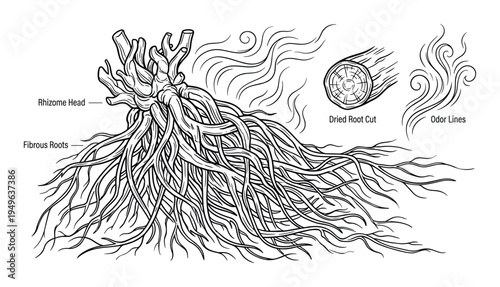 Valerian root rhizome head with fibrous roots, dried root cut, and odor lines botanical illustration