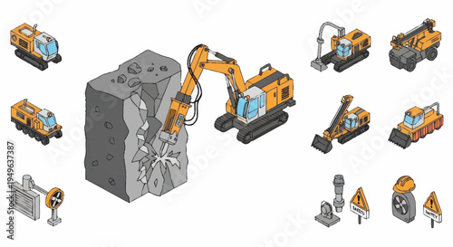 Construction equipment and rock breaking process isometric illustration.