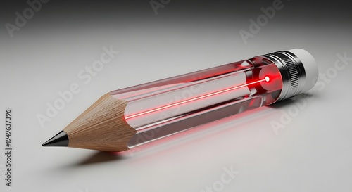 A transparent glass pencil housing a vibrant red laser core, symbolizing the fusion of traditional craftsmanship with futuristic precision and the illuminating power of focused creativity