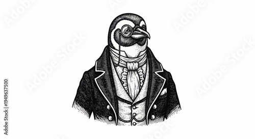 Dapper Penguin Gentleman Wearing Monocle and Suit.