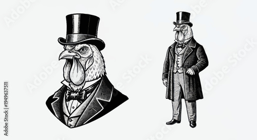 Vintage Rooster Gentleman in Formal Attire Illustration.