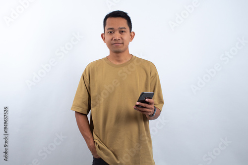Man Holding Smartphone on White Background