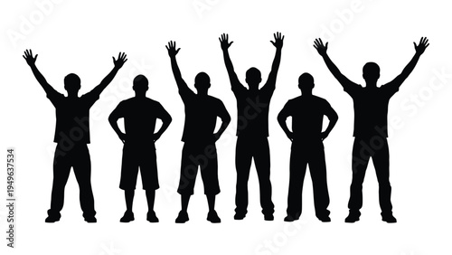 A group of people standing with their arms raised