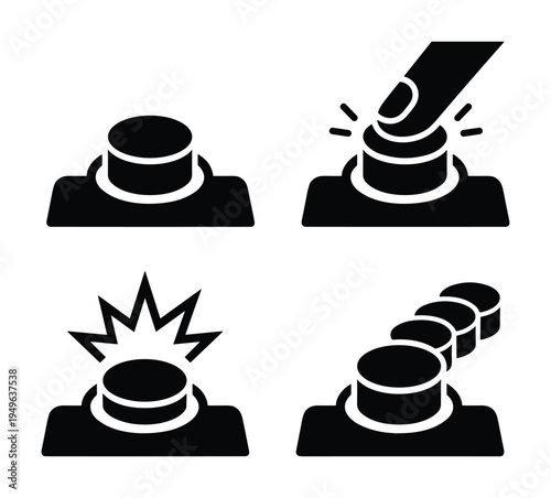 Press the button icons set. Finger pressing a button, explosion, and a sequence of buttons in solid black.