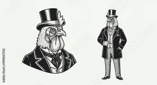 Anthropomorphic Rooster Dressed in Formal Victorian Attire.
