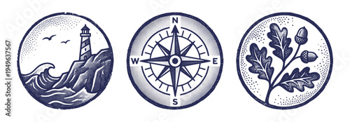 Nautical themed illustrations featuring lighthouse, compass, and oak branch in circle shapes, vector graphics