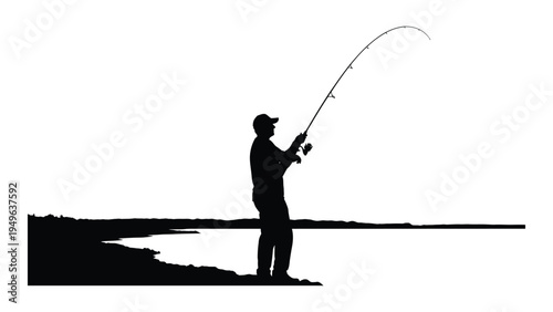 A man fishing on the shore of a lake