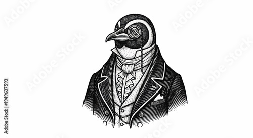 Dapper Penguin Gentleman in Vintage Suit and Monocle.
