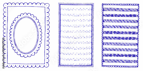 Three hand drawn rug designs with distinct shapes and striped patterns