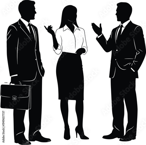 Business people discussion silhouettes two businessmen and businesswoman talking corporate meeting teamwork communication office professionals vector illustration concept
