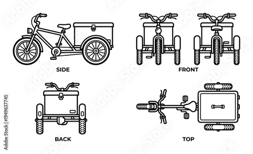 Line drawing of a cargo tricycle from multiple viewpoints