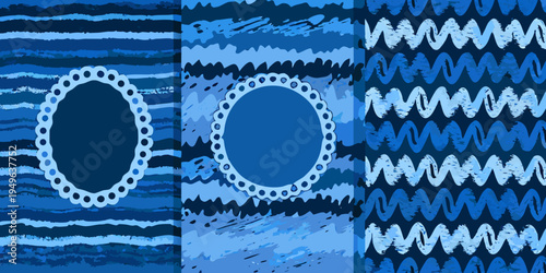Three panels of blue striped and patterned textile designs