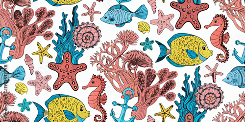Colorful pattern of marine life including fish seahorses and coral