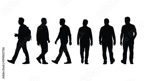 A group of people walking in different poses