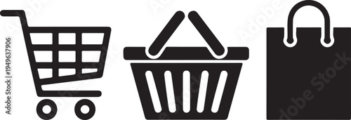 Black shopping cart basket and bag on white background