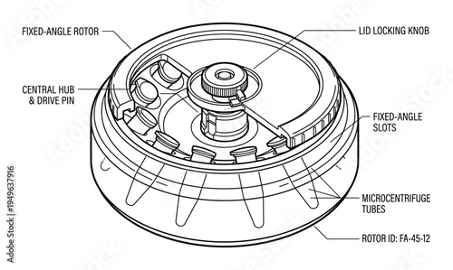Top view illustration of a fixed-angle centrifuge rotor with labeled parts microcentrifuge tubes slots and lid knob