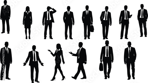 Business people silhouettes set of men and women in suits standing walking posing isolated corporate team vector illustration collection pack
