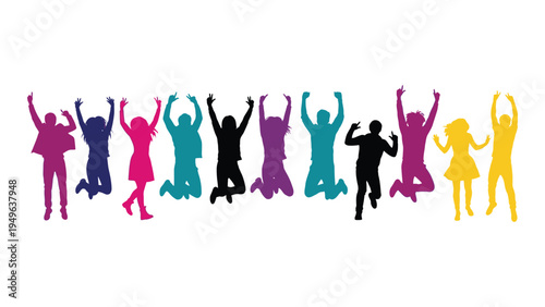 A group of people jumping in the air with their arms raised