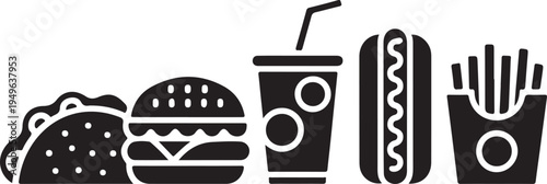 Black and white of fast food on white background burger hot dog fries