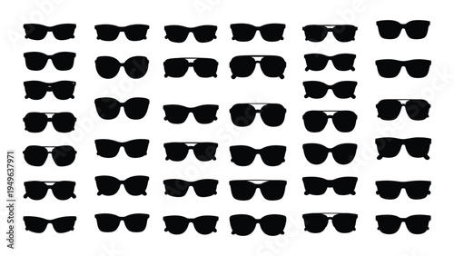 A collection of black sunglasses on a white background