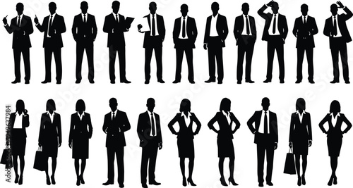 Business people silhouettes collection men and women professionals standing walking holding phone coffee bag corporate office team vector set